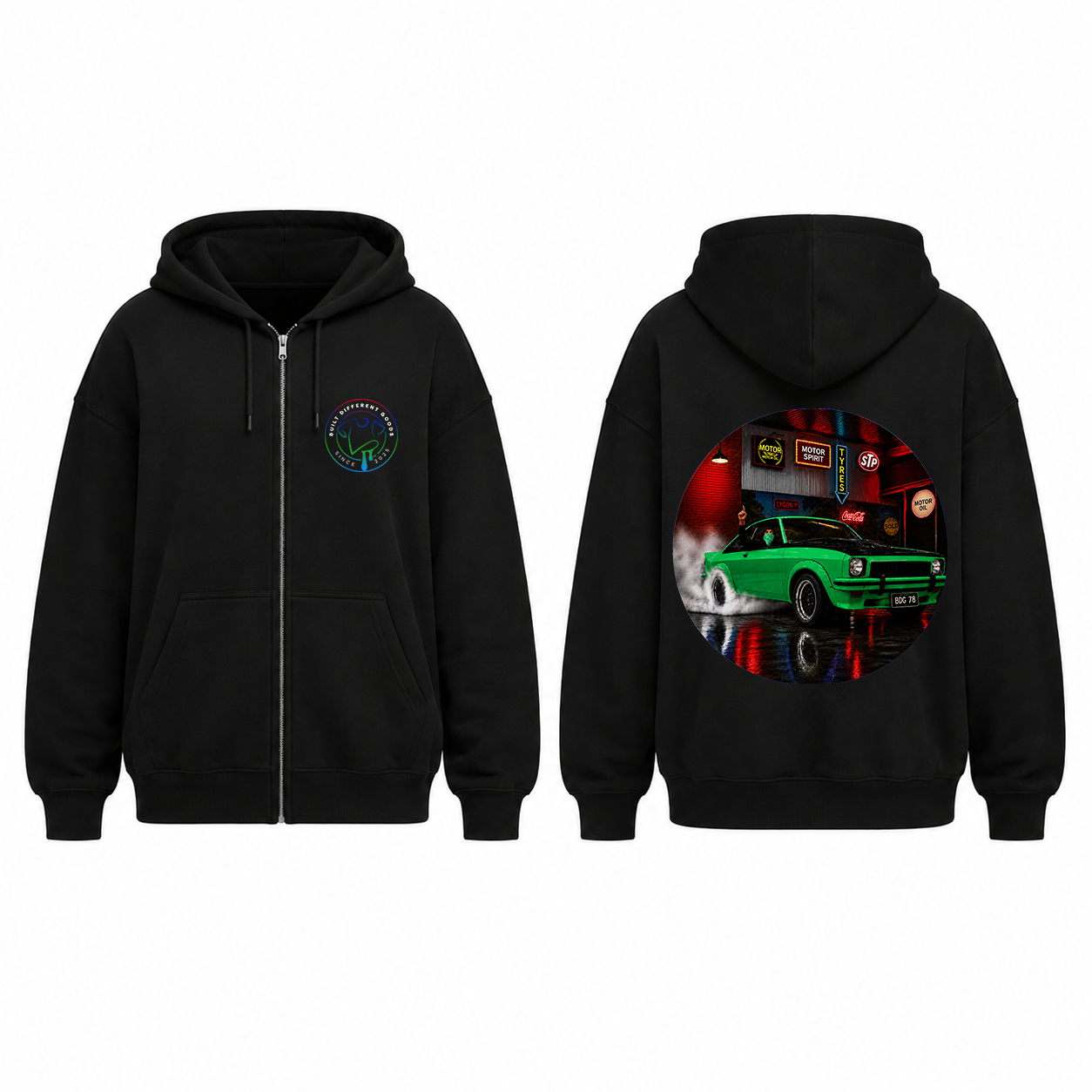 BDG Zip Up Hoodie - Neon Garage Burnout with Classic Coupe