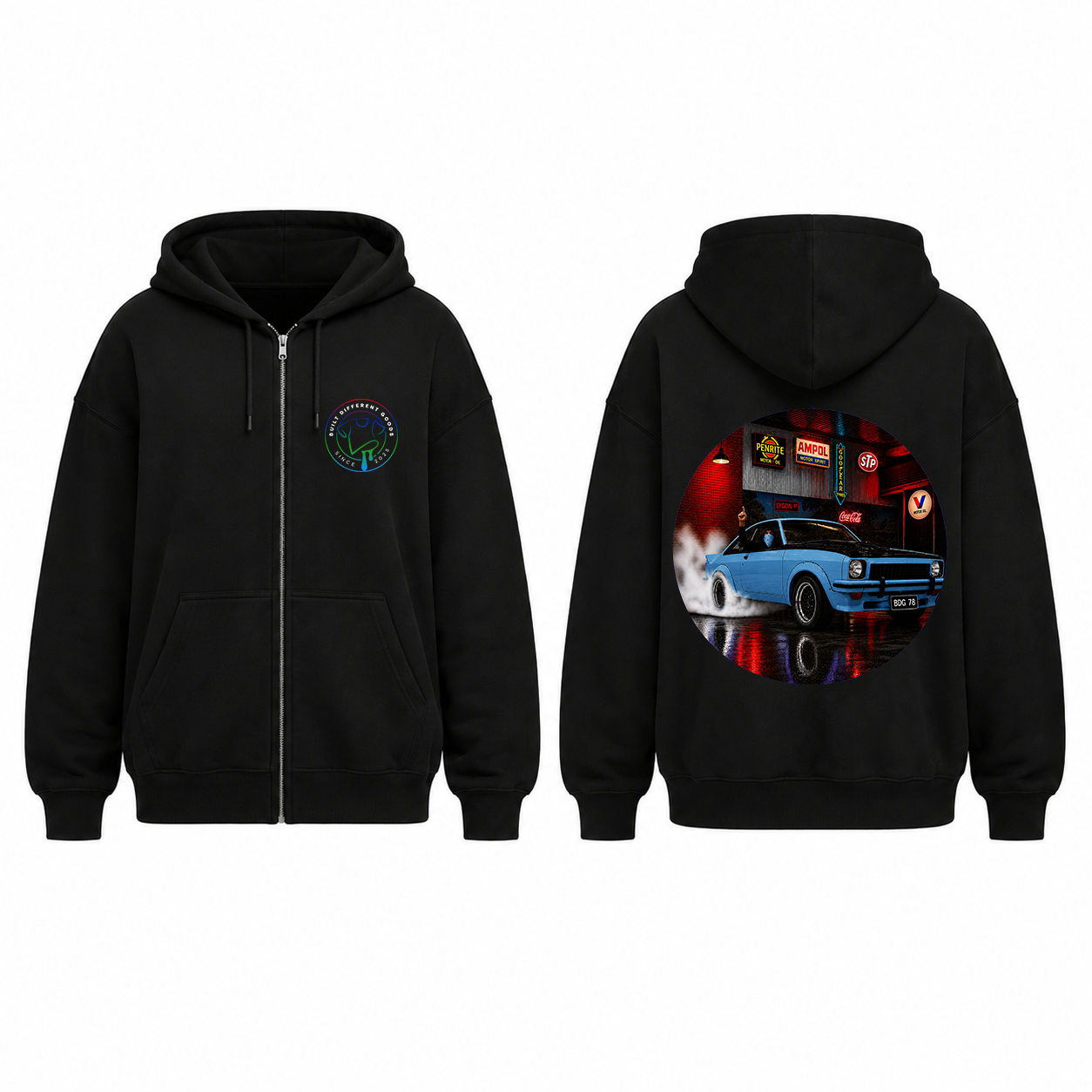 BDG Zip Up Hoodie - Neon Garage Burnout with Classic Coupe