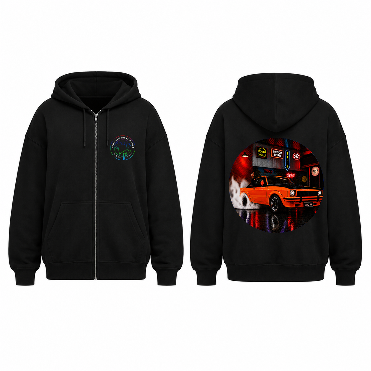 BDG Zip Up Hoodie - Neon Garage Burnout with Classic Coupe