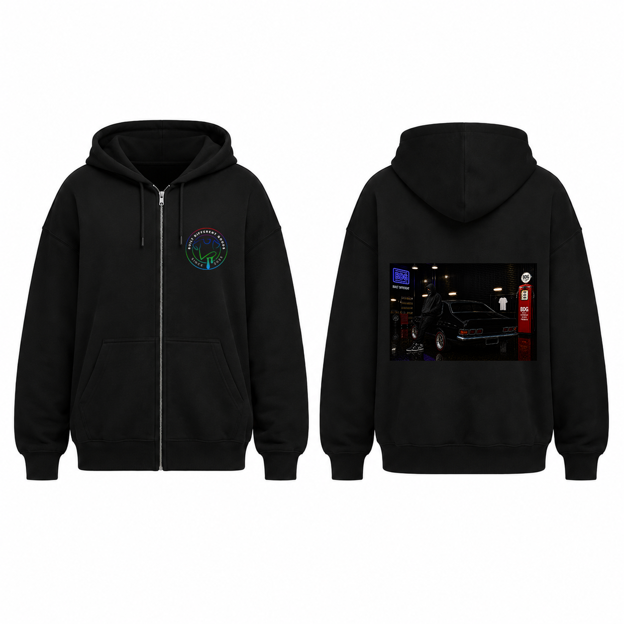 BDG Zip Up Hoodie - Neon Garage Showcase with Classic Coupe