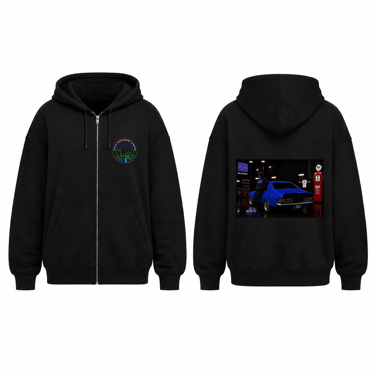 BDG Zip Up Hoodie - Neon Garage Showcase with Classic Coupe