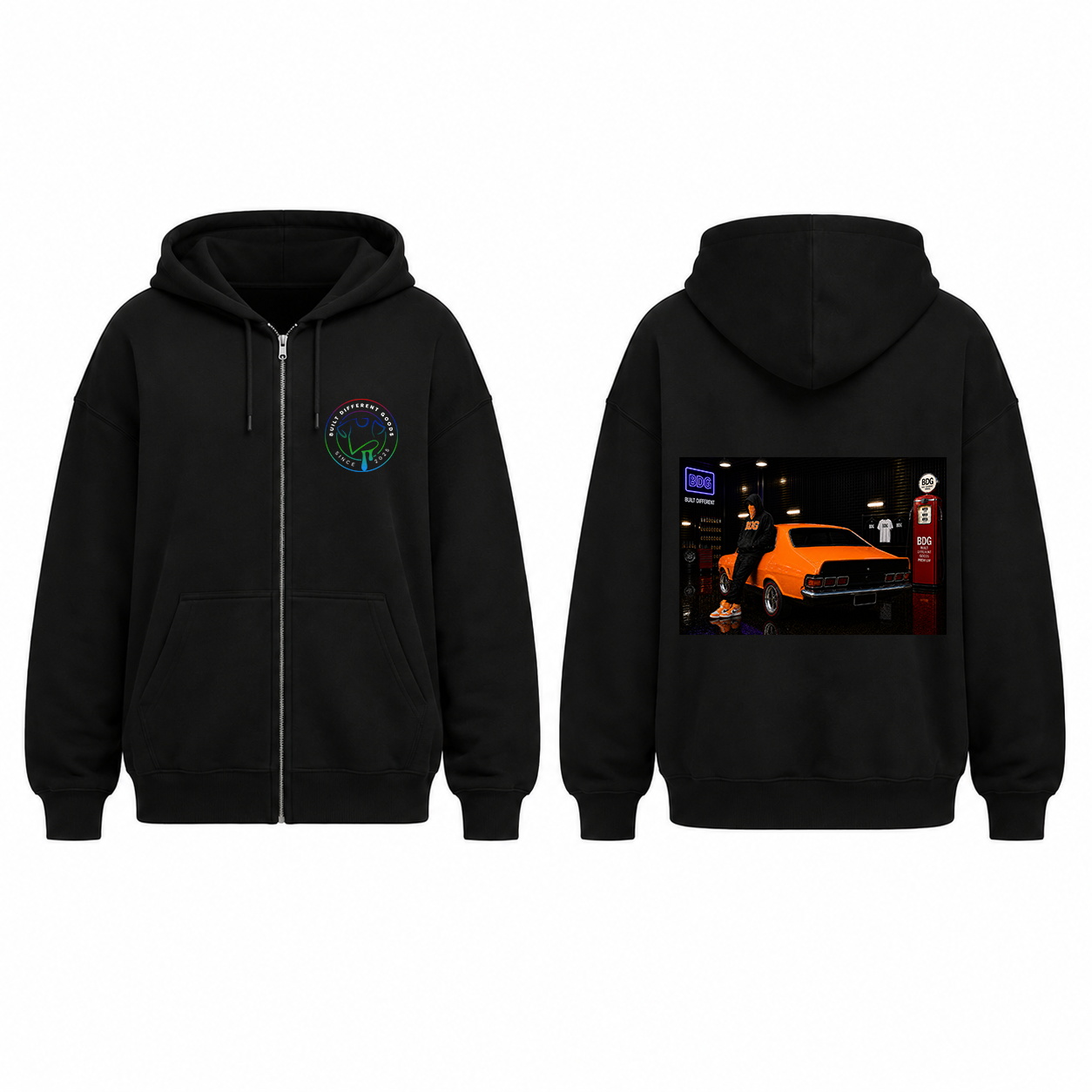 BDG Zip Up Hoodie - Neon Garage Showcase with Classic Coupe