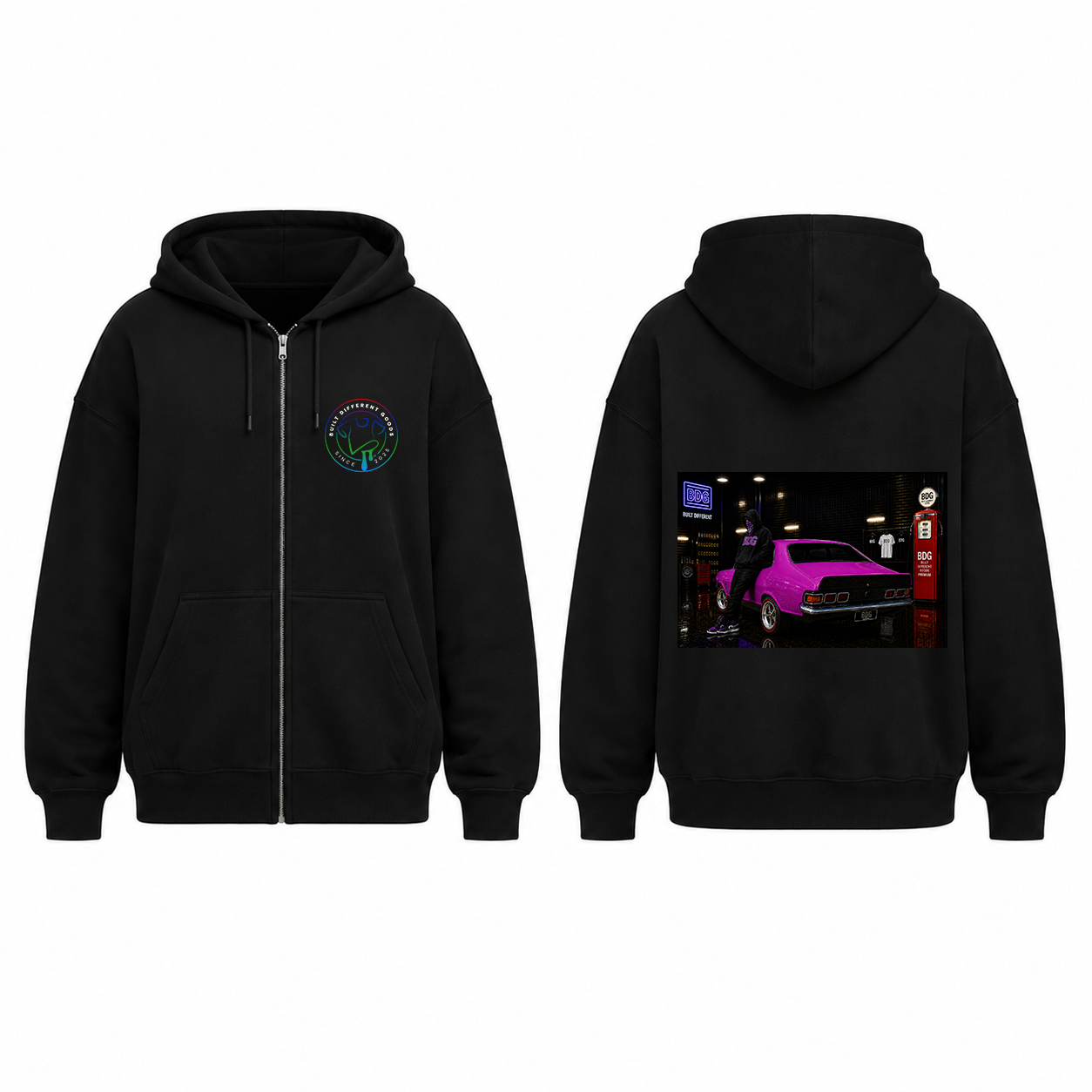 BDG Zip Up Hoodie - Neon Garage Showcase with Classic Coupe