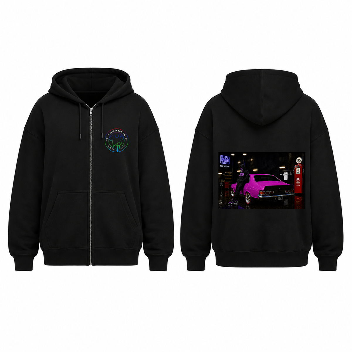 BDG Zip Up Hoodie - Neon Garage Showcase with Classic Coupe