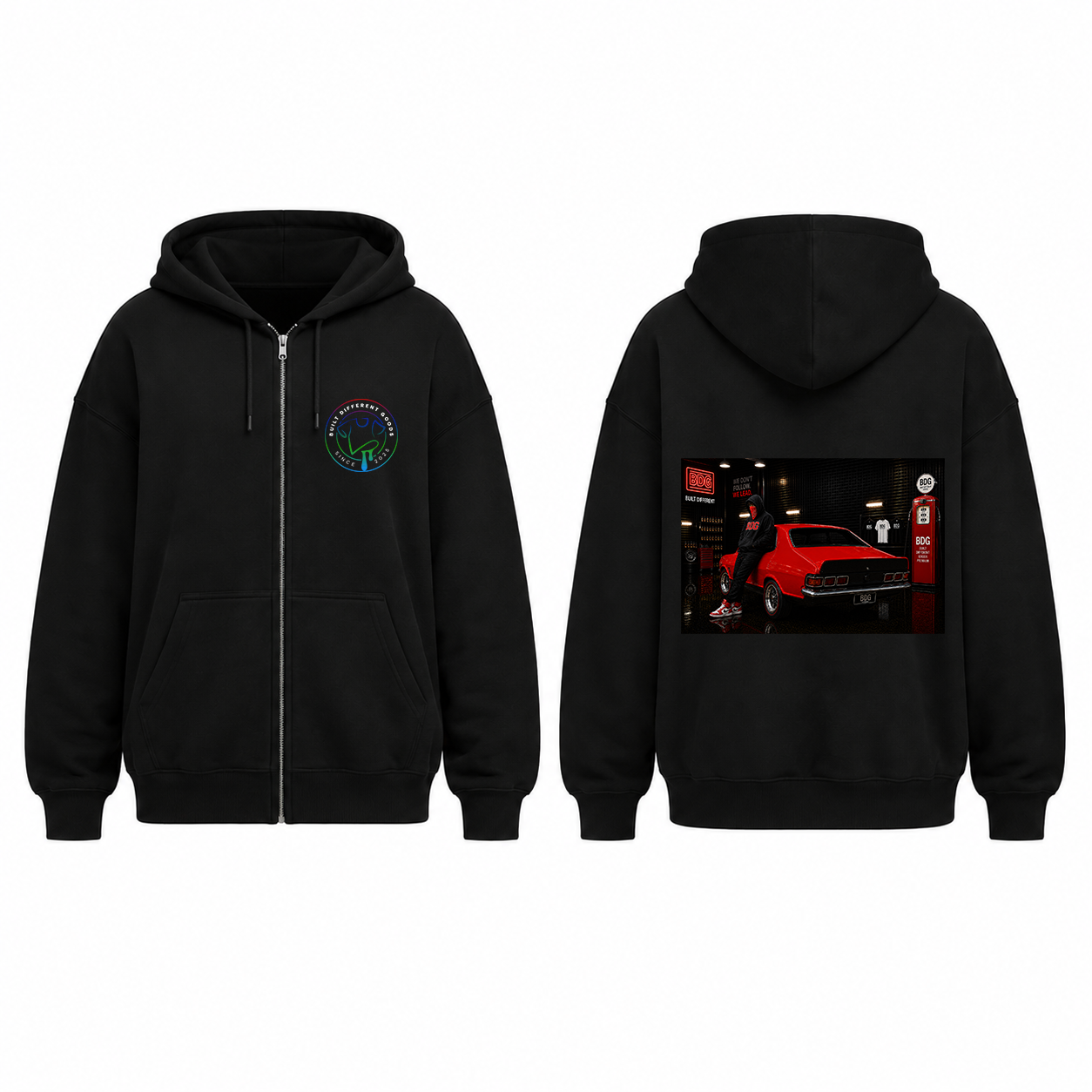 BDG Zip Up Hoodie - Neon Garage Showcase with Classic Coupe