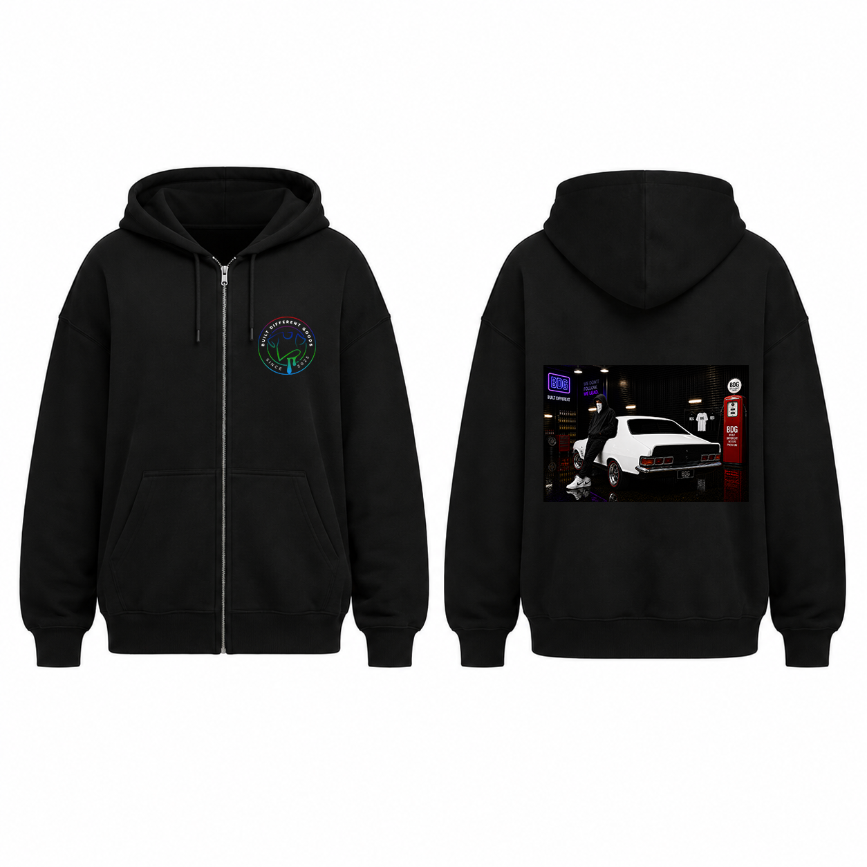 BDG Zip Up Hoodie - Neon Garage Showcase with Classic Coupe