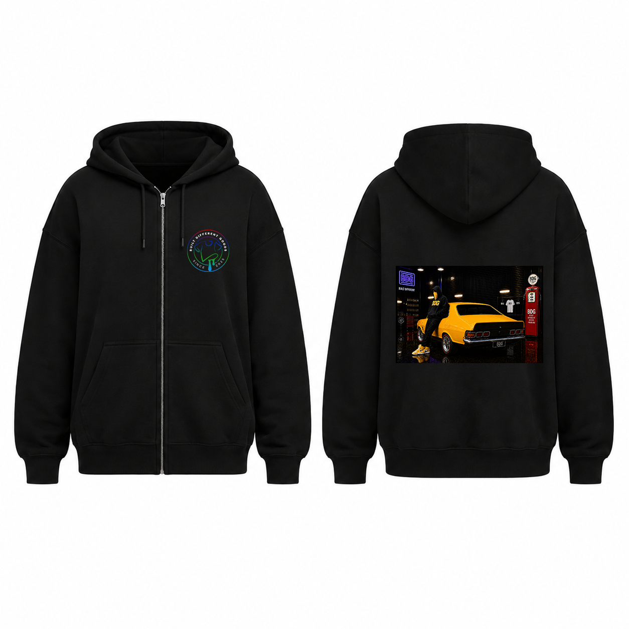 BDG Zip Up Hoodie - Neon Garage Showcase with Classic Coupe